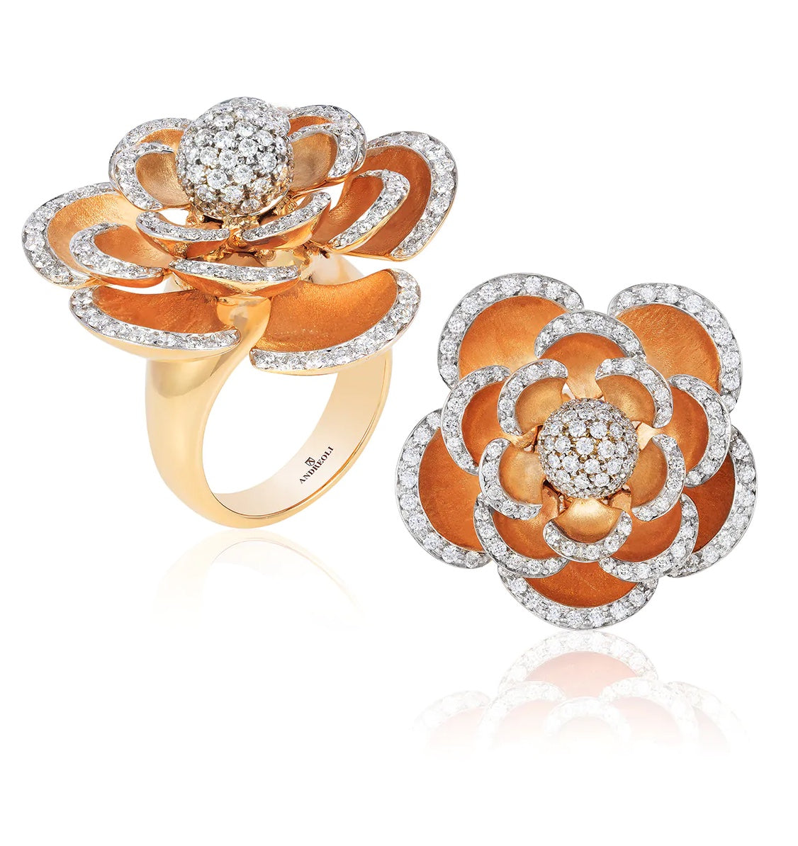 18 karat gold diamond flower ring by American purveyor of haute joaillerie Andreoli