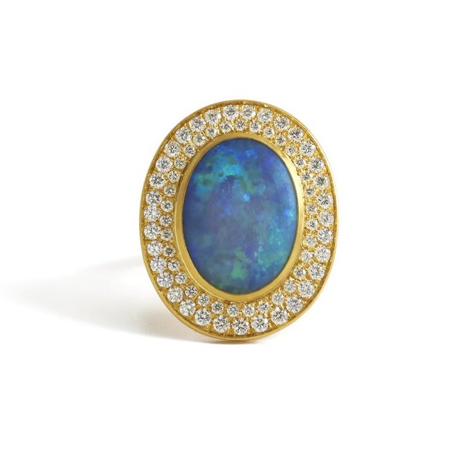 22 karat gold ring with large natural Australian opal and Diamonds by fine jewelry designer Linda Hoj