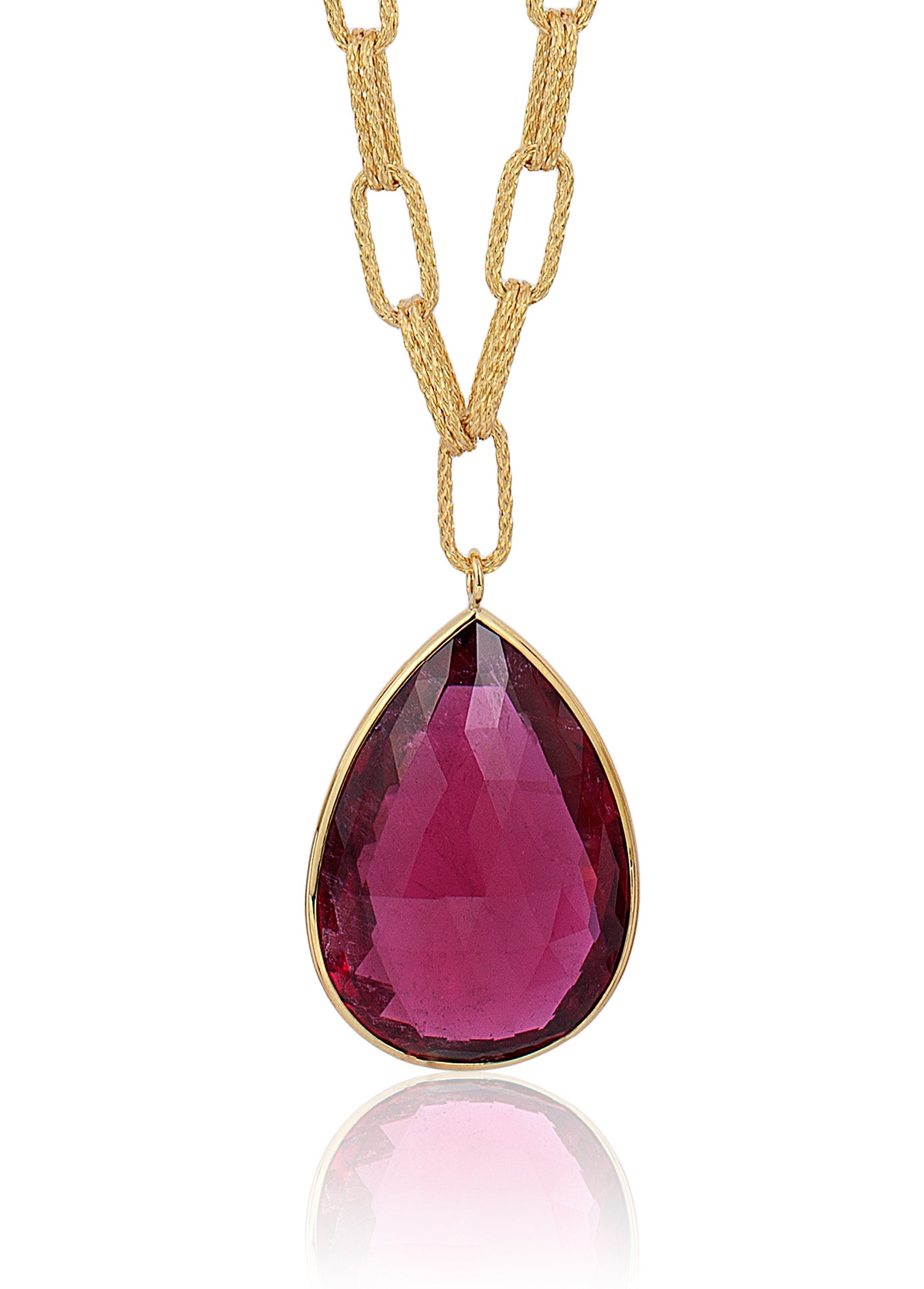 Rubellite pendant with solid 18 karat gold chain by fine jewelry designer Goshwara