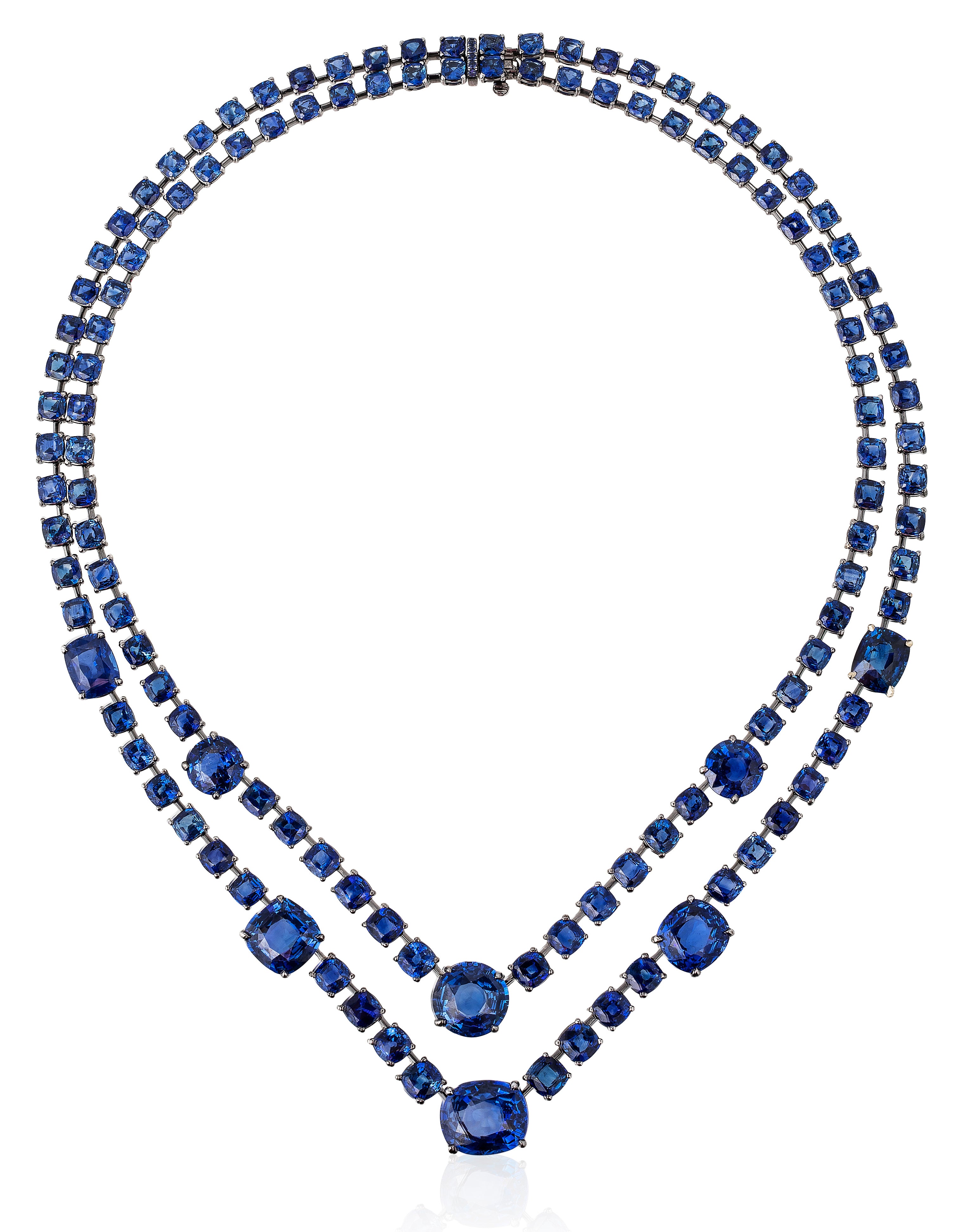 White gold blue sapphire necklace by fine jewelry designer Goshwara