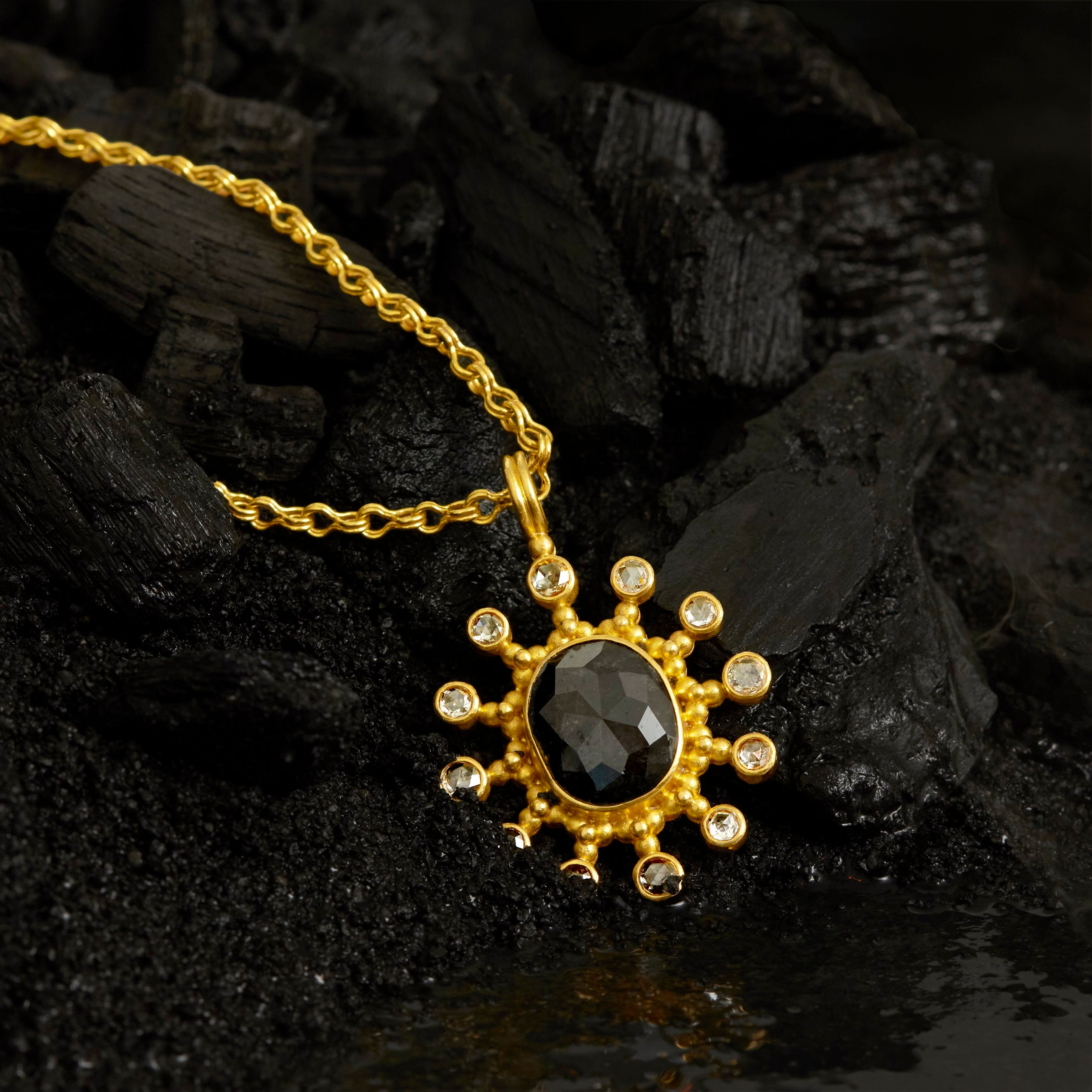 22k gold black diamond necklace by Linda Hoj. Art Jewel for luxury gifting.