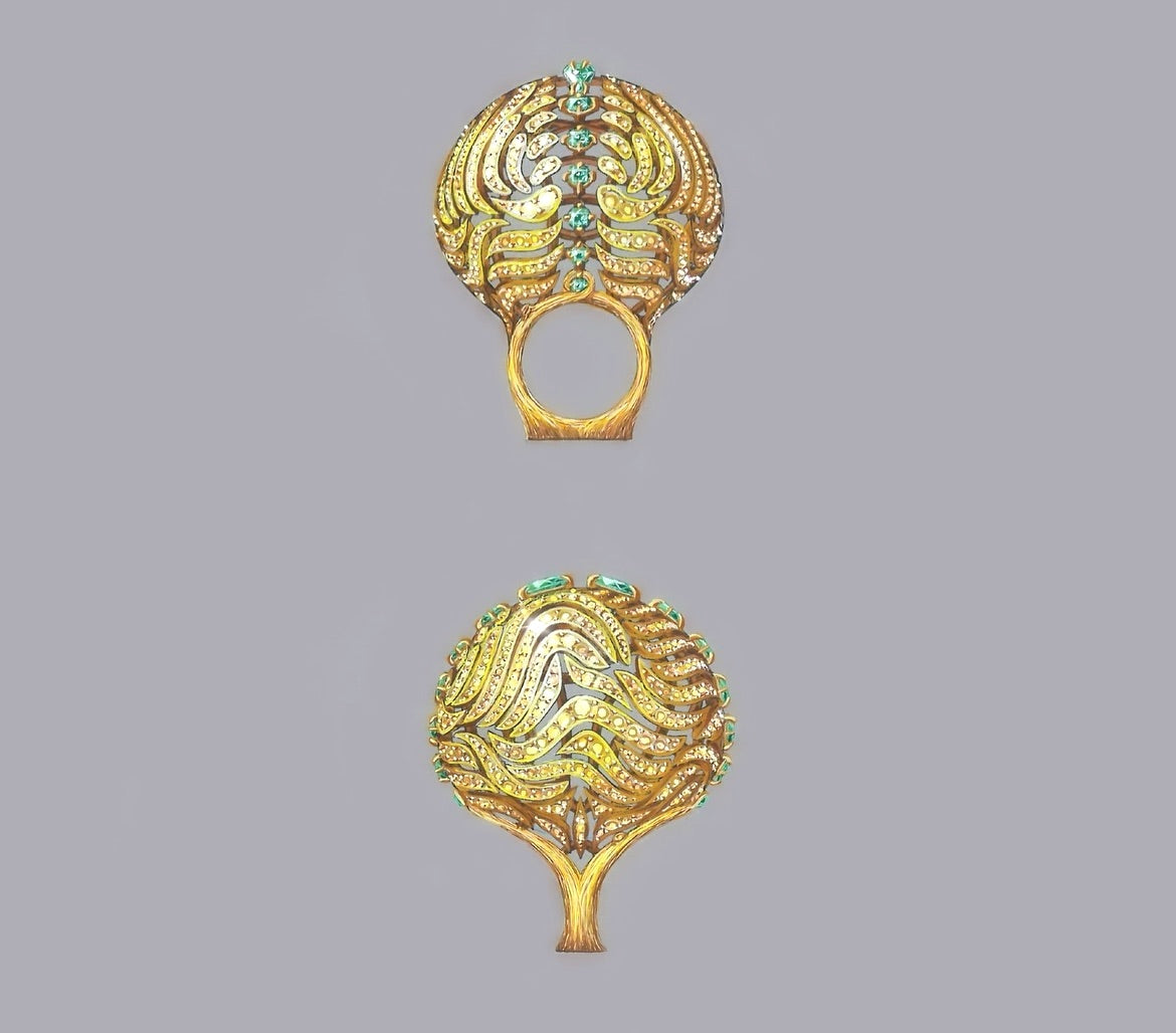 Capucine H. Wearable Art. High jewelry creation. Paris. Champagne Diamond. 18k gold. Collectible jewel. Ethos of London