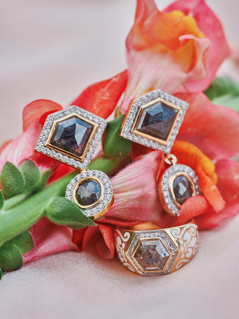 Salt and Pepper diamond drop earrings by fine jewelry designer Jade Jagger