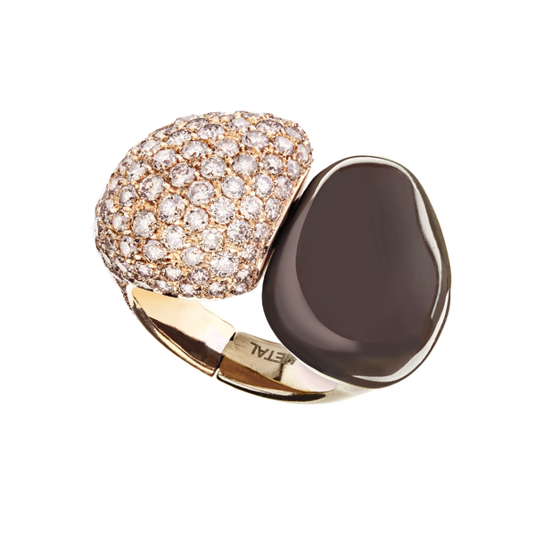 Rose gold, brown steel and brown diamond pavé pebble ring by Italian fine jewelry house Sabbadini