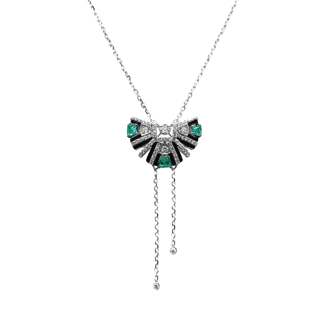 Art Deco Emerald & Diamond Pendant by Surat Jewels, 18k white gold