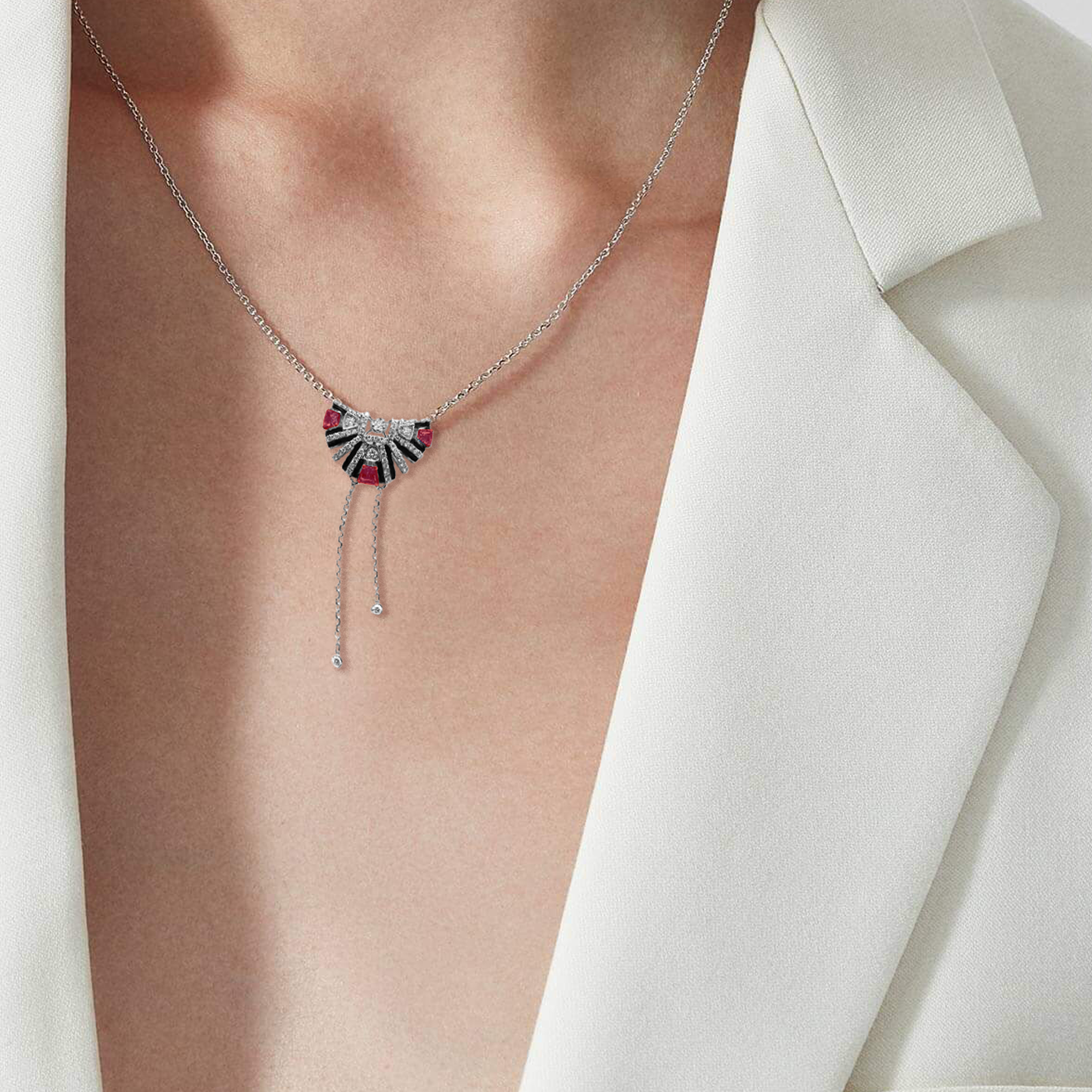 Rubies Diamonds Art Deco Bombay Necklace in 18k White Gold by Surat Jewels