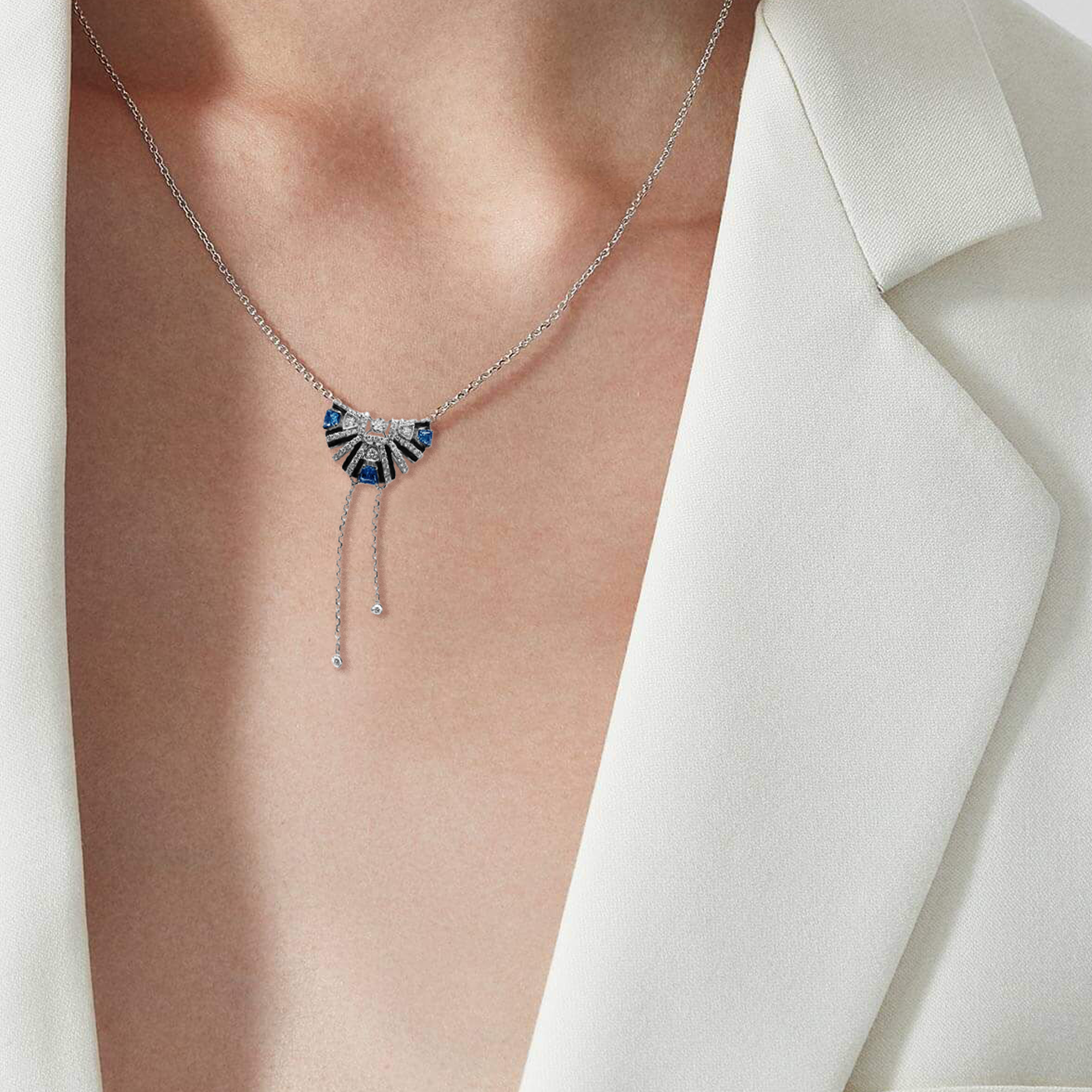 Art Deco Bombay Sapphire Pendant in 18k White Gold by Surat Jewels