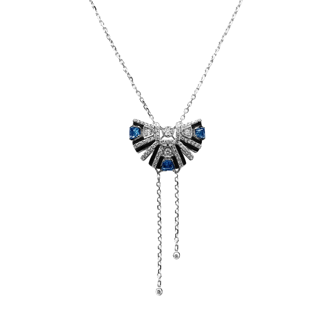 Art Deco Bombay Sapphire Pendant in 18k White Gold by Surat Jewels