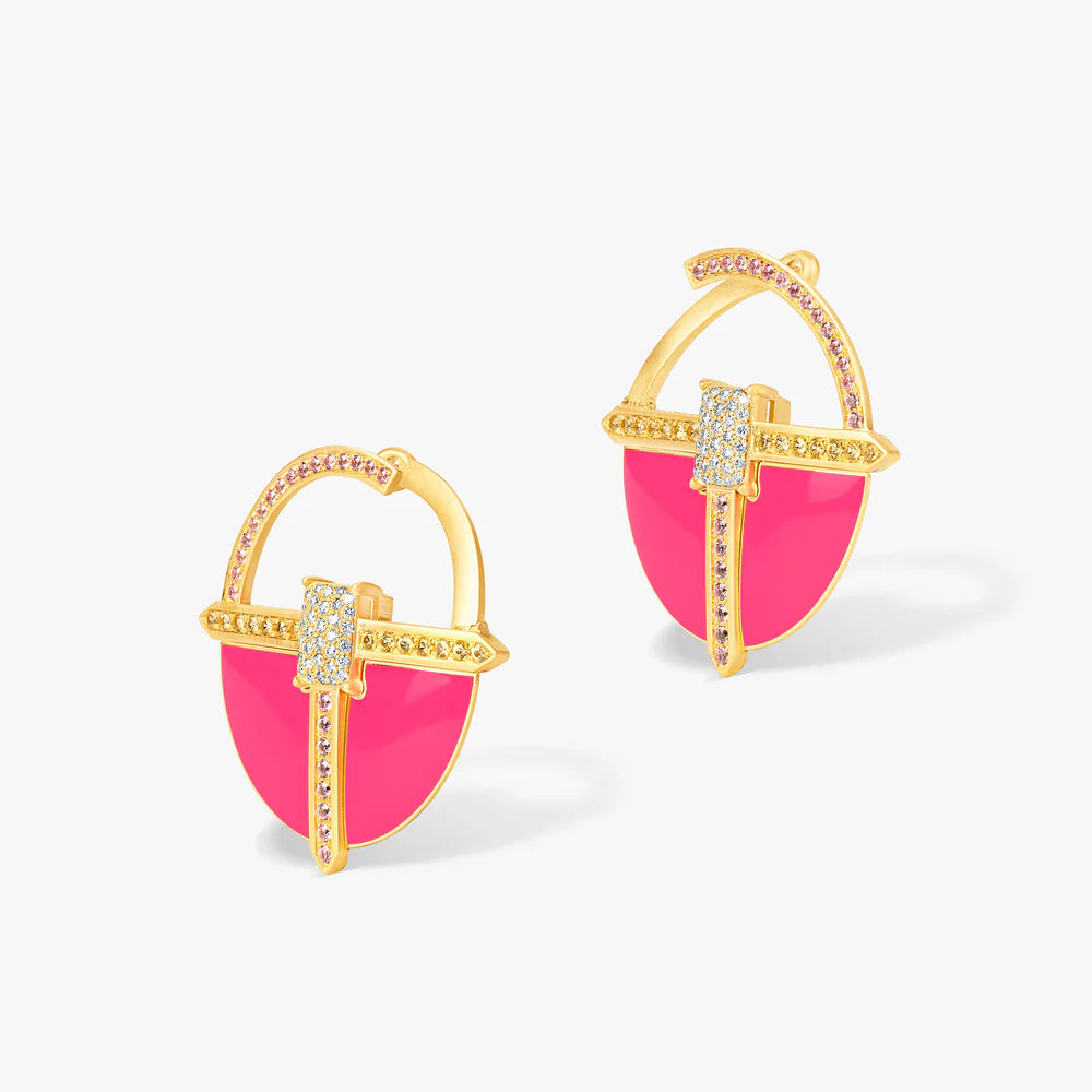 Ashaha Jewelry. Kenza Earrings in 18k gold, diamonds, pink sapphires. A bright contemporary heirloom.