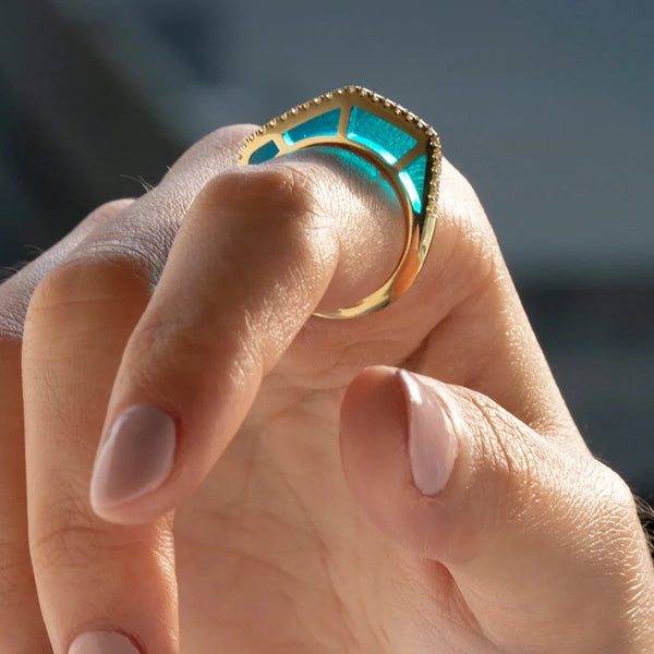 Diamond Light Blue Enamel Gold Ring by fine jewelry designer Andy Lif