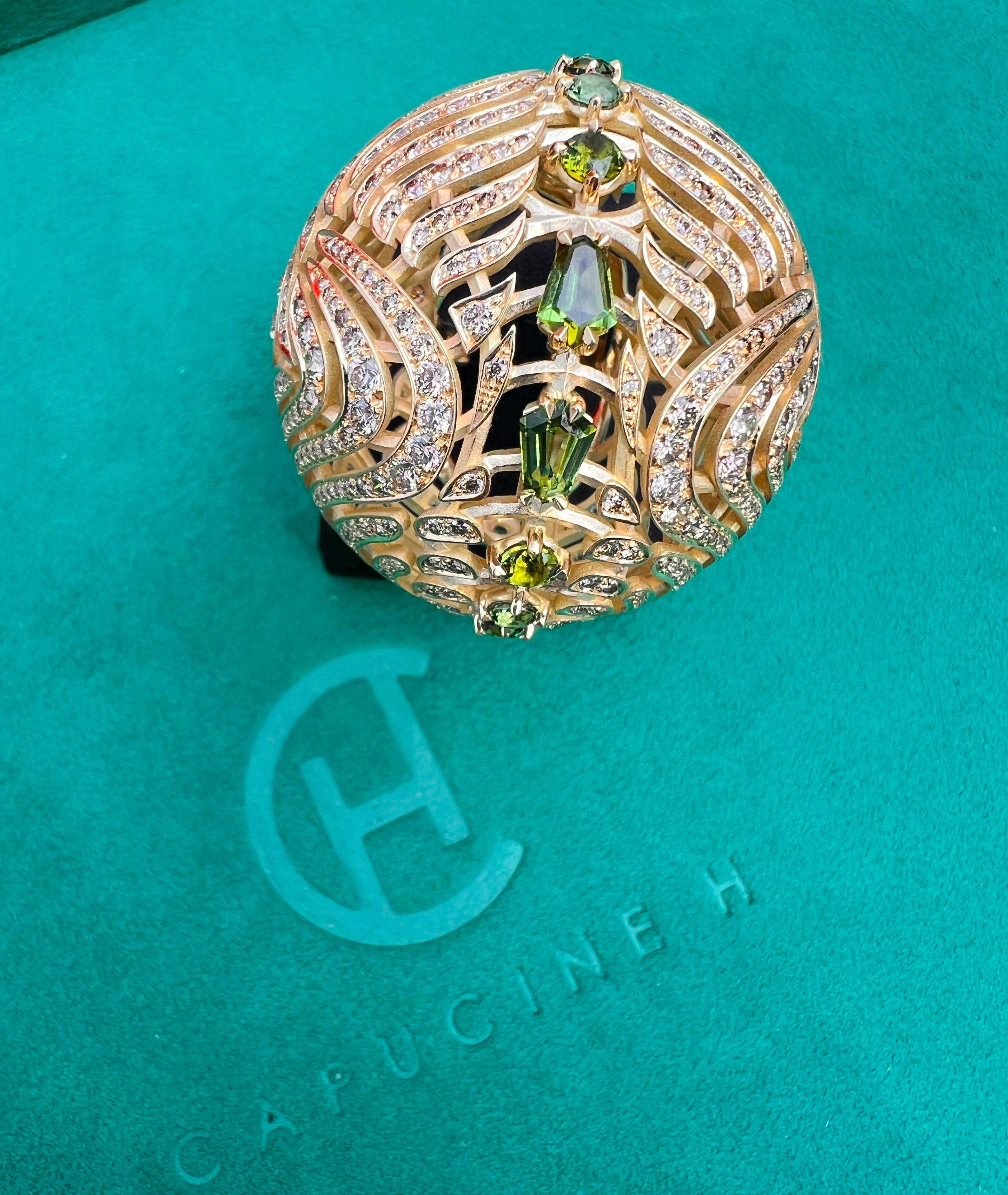 Capucine H. Wearable Art. High jewelry creation. Paris. Champagne Diamond. 18k gold. Collectible jewel. Ethos of London