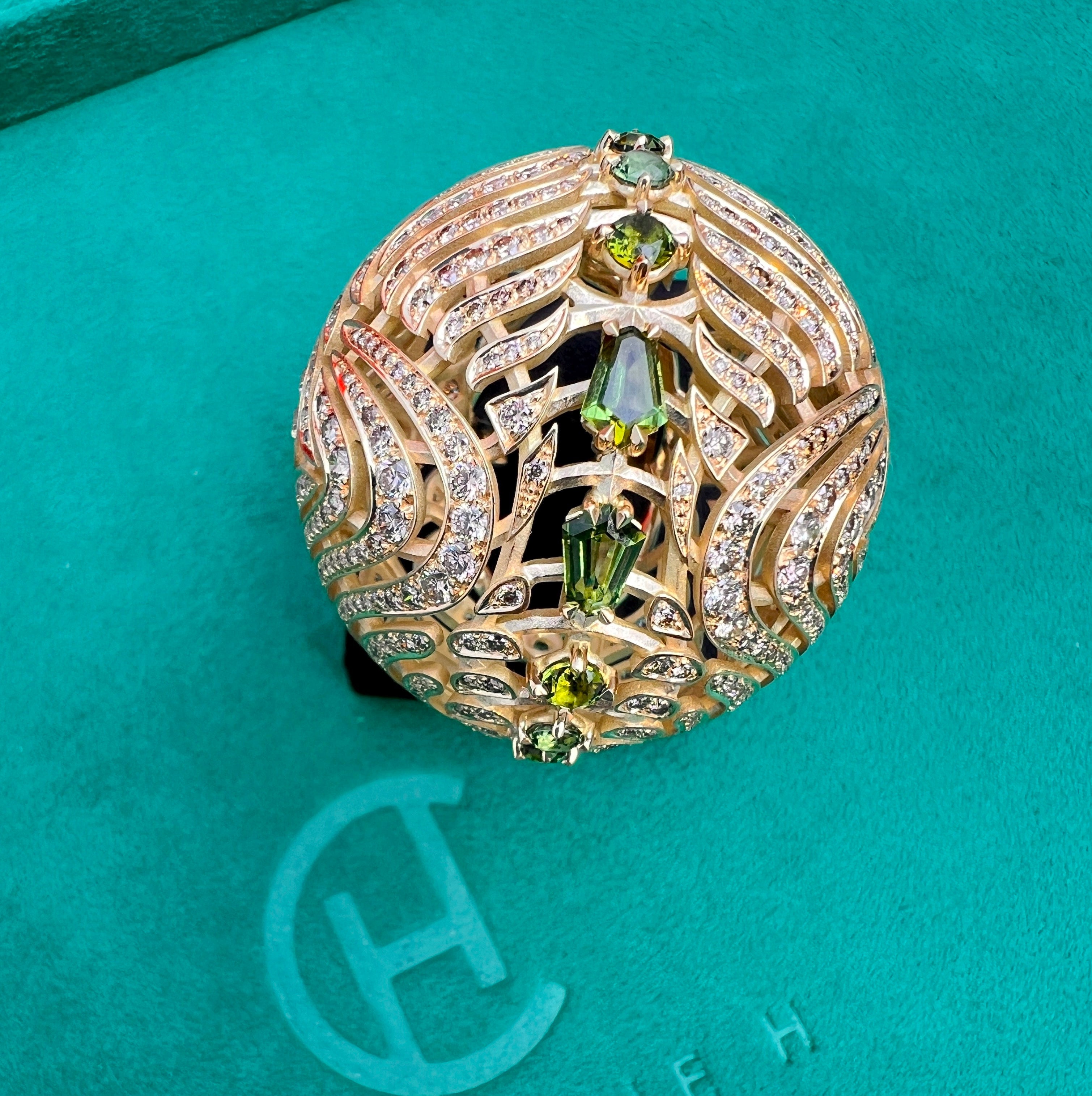 Capucine H. Wearable Art. High jewelry creation. Paris. Champagne Diamond. 18k gold. Collectible jewel. Ethos of London