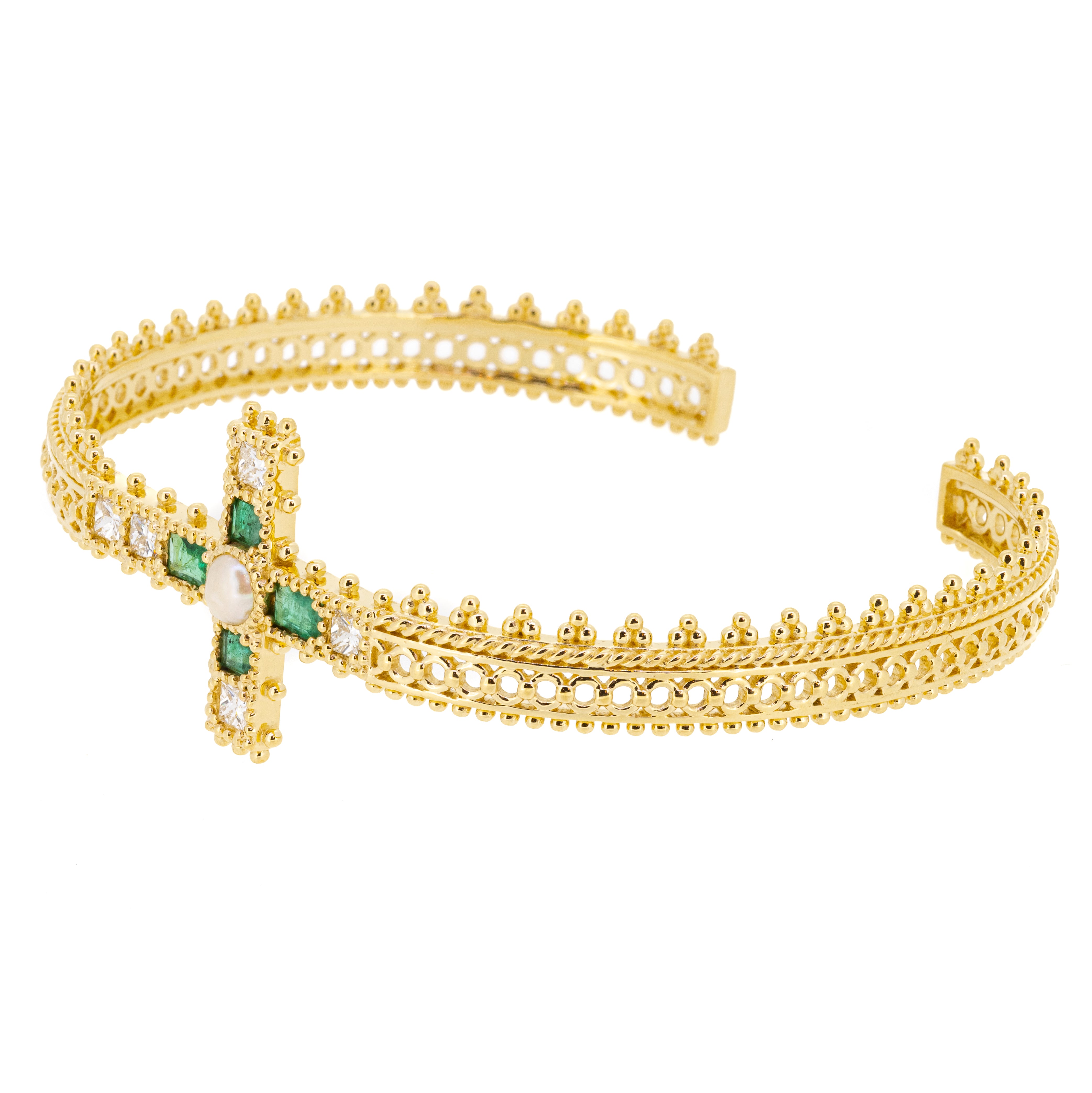 Jade Jagger jewelry  Emerald cross bangle with pearls and diamonds