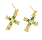 Jade Jagger Emerald Madonna cross earrings with pearls and diamonds