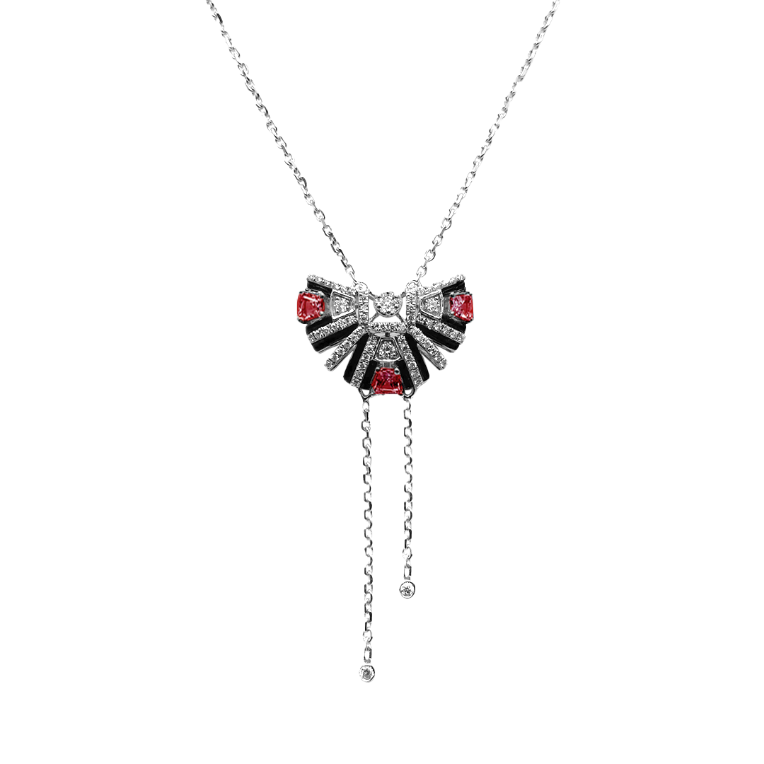 Rubies Diamonds Art Deco Bombay Necklace in 18k White Gold by Surat Jewels