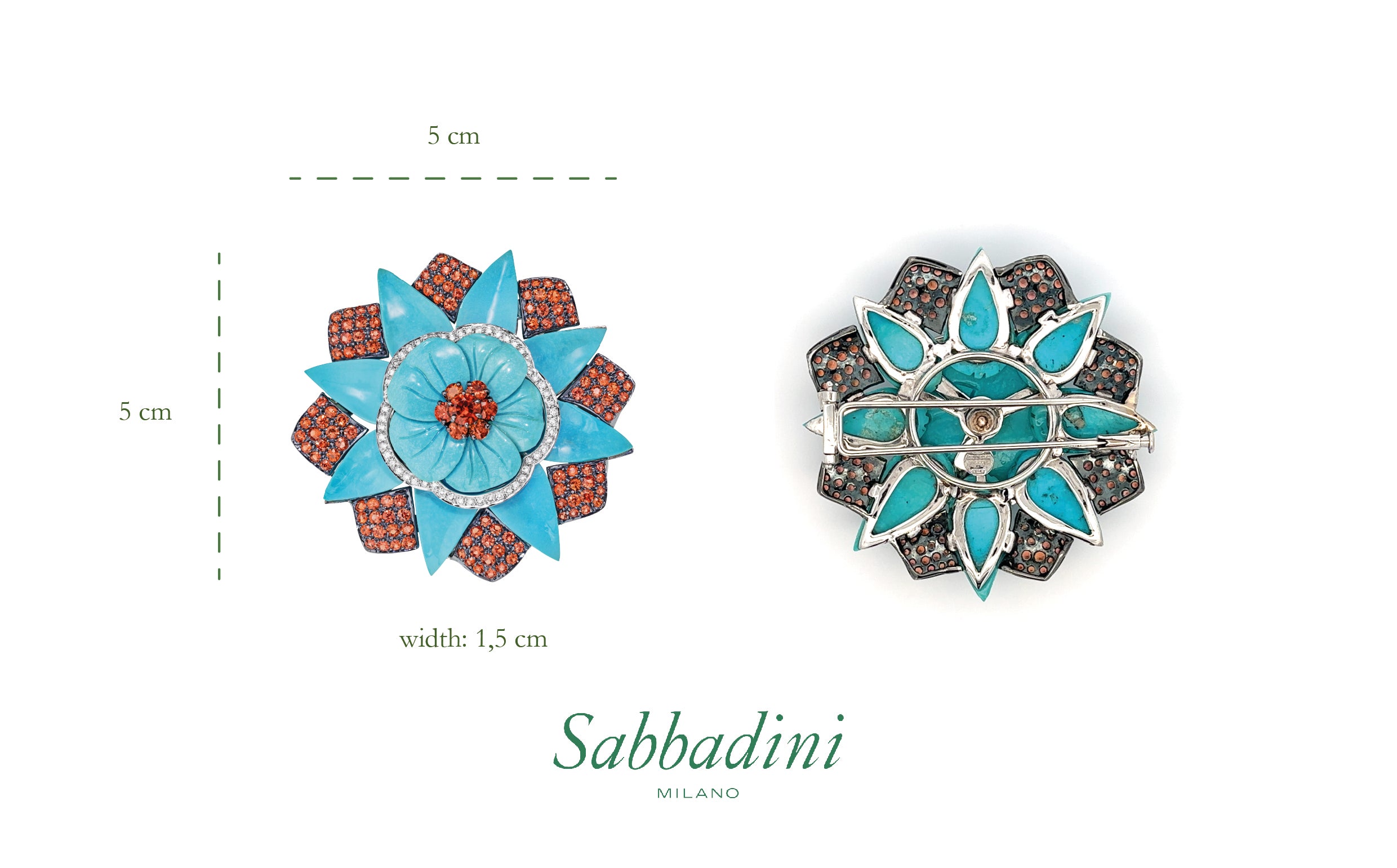 Sabbadini - 18k gold, sapphire, turquoise, diamond flower brooch 