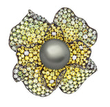 Burnished gold flower Brooch, grey Tahiti pearl, diamonds, green and yellow sapphires pavé brooch by Italian fine jewelry house Sabbadini