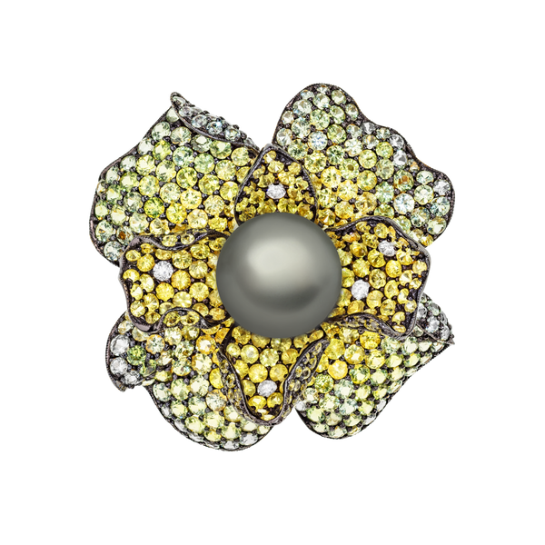 Burnished gold flower Brooch, grey Tahiti pearl, diamonds, green and yellow sapphires pavé brooch by Italian fine jewelry house Sabbadini