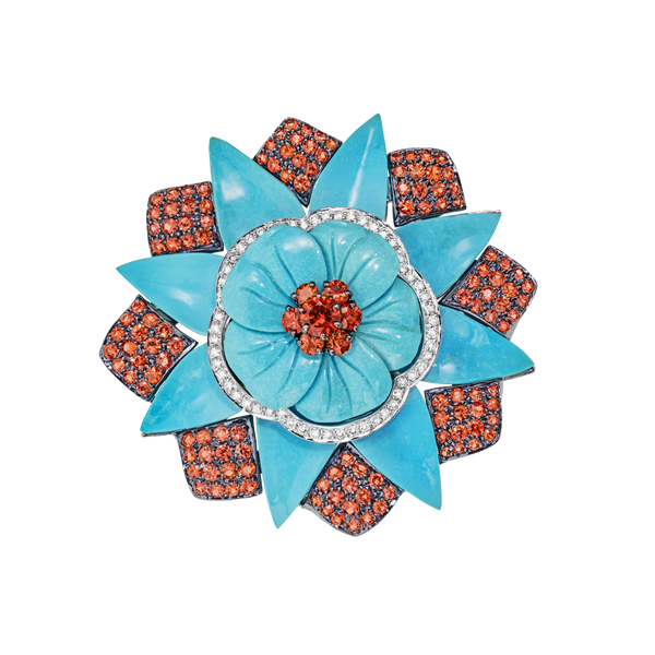 White gold, sapphire, turquoise and diamond flower brooch by Italian fine jewelry house Sabbadini