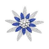 White gold, invisibly set sapphires, diamonds flower brooch by Italian fine jewelry house Sabbadini