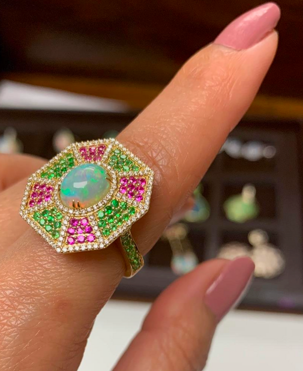 Opal, Pink Sapphire, Diamonds ring by fine jewelry designer Goshwara