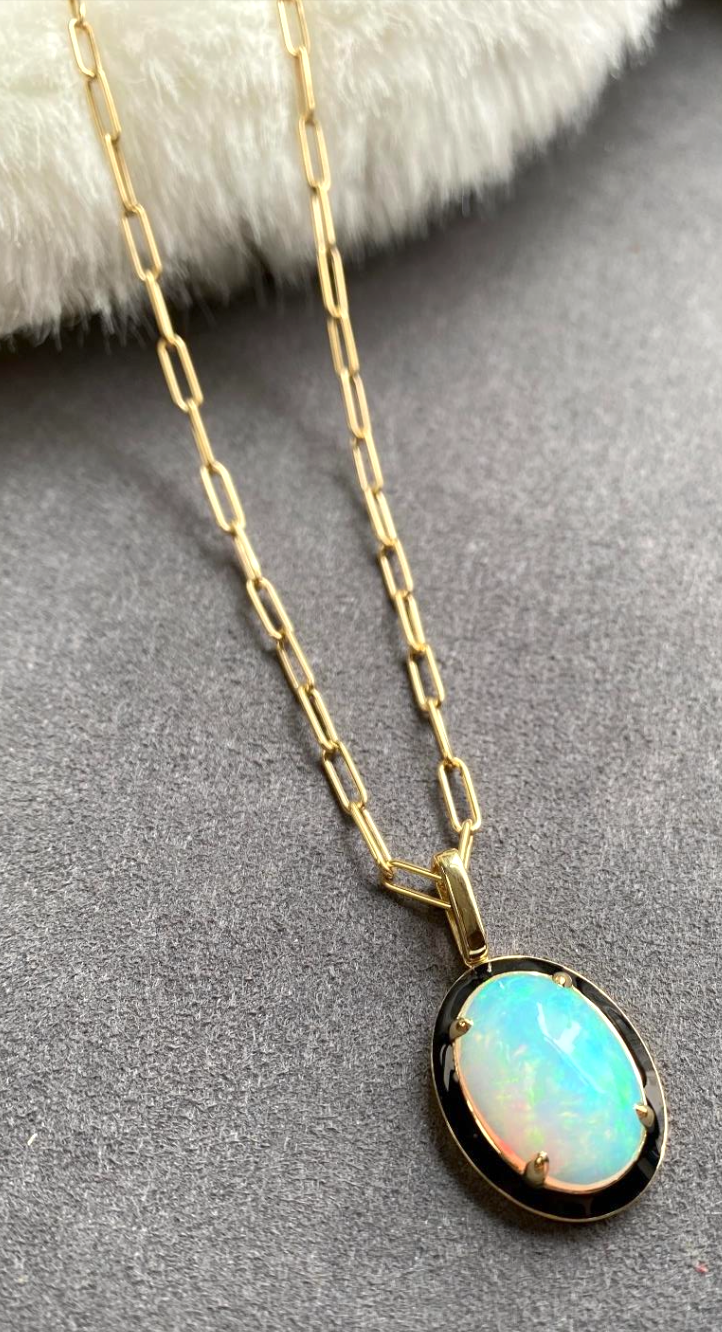 Large opal pendant black enamel and 18 karat gold chain by fine jewelry designer Goshwara
