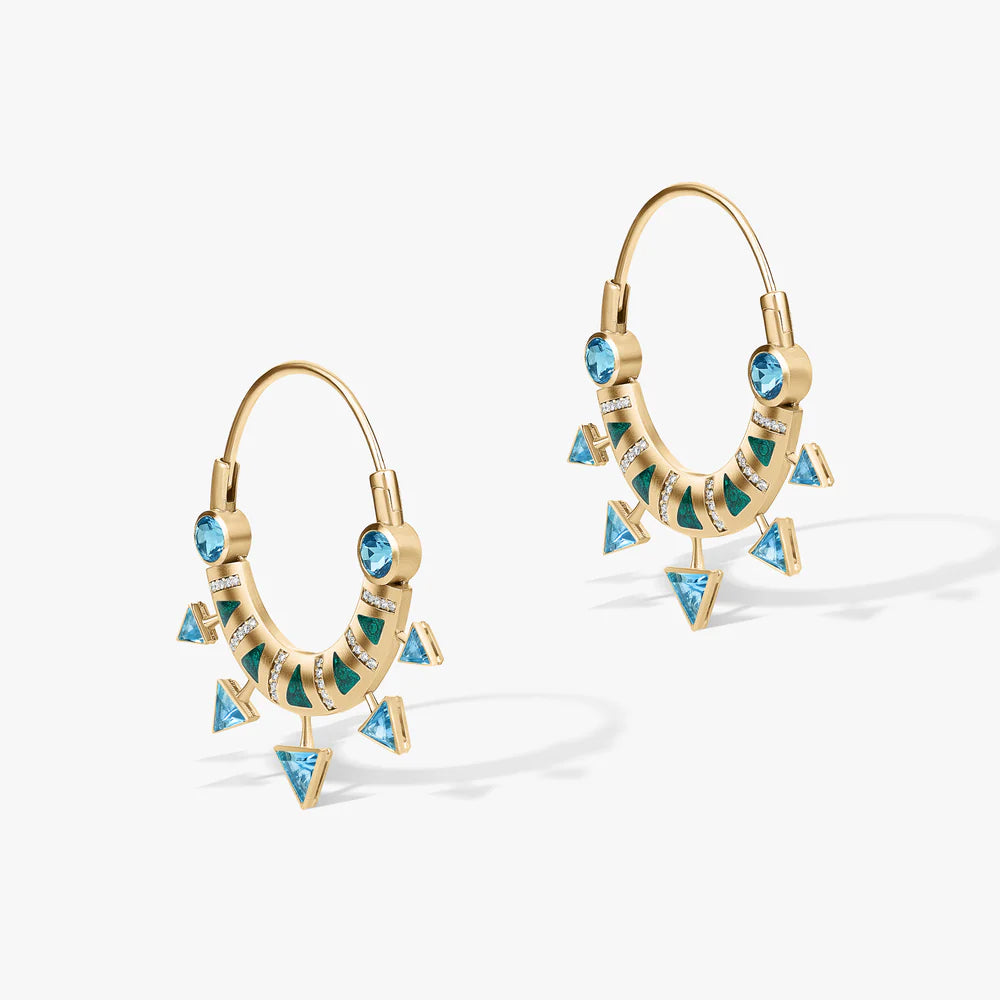 Shams Blue Topaz Diamonds earrings by Ashaha in 18k gold. Contemporary heirloom. Fine jewelry.