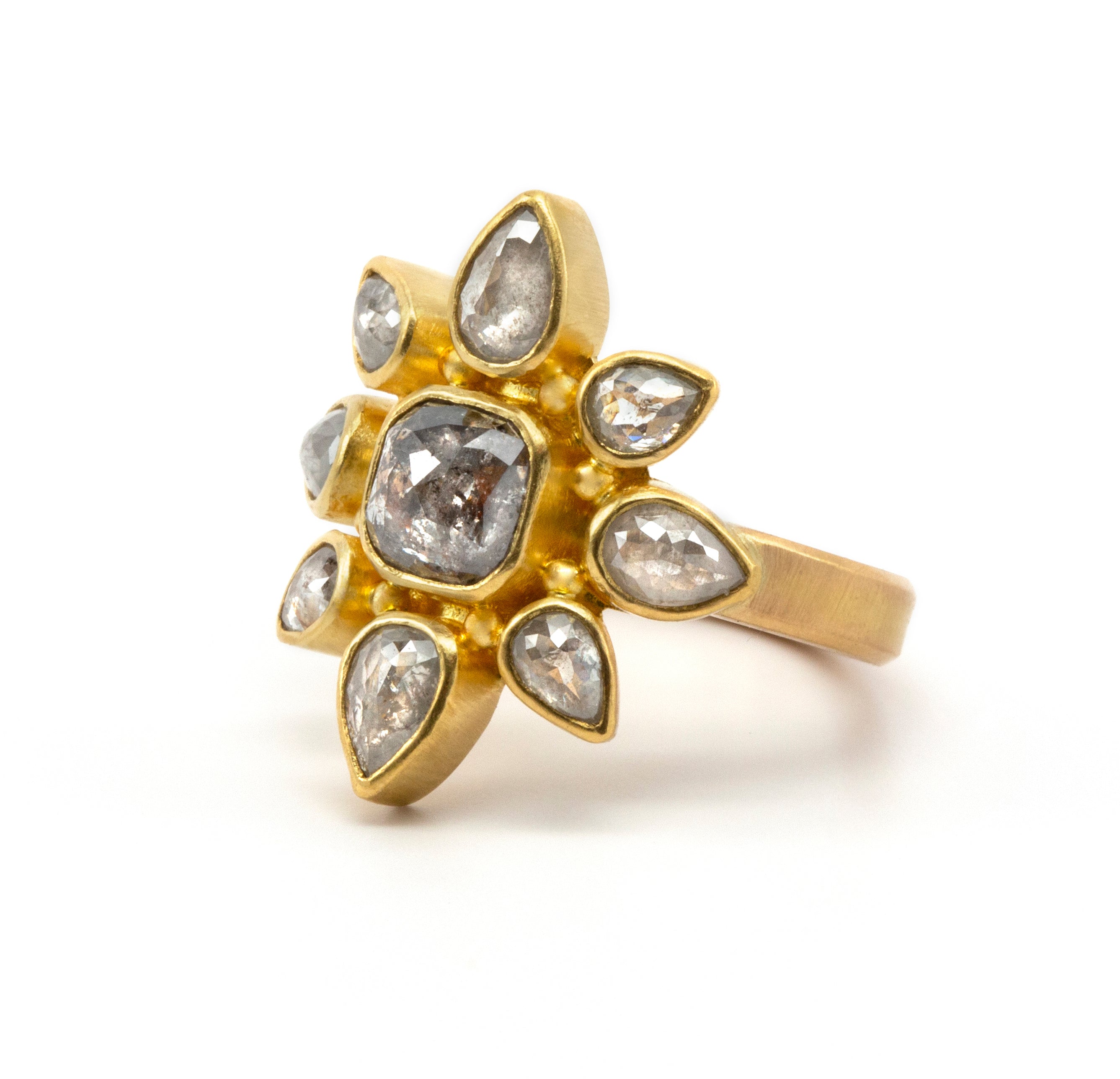 22k gold grey diamond ring by Linda Hoj. Unique collectible jewel.