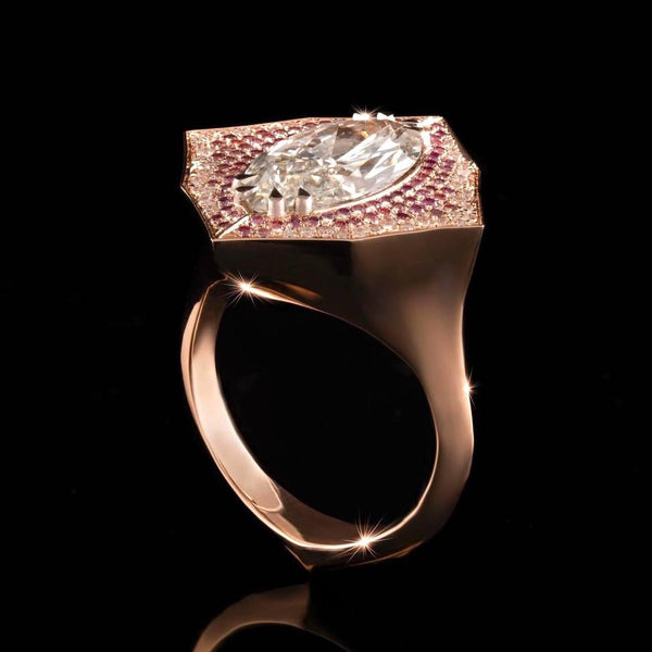 diamond ring, set with 144 surrounding pink and white diamonds by goldsmith and master jeweler Nigel O'Reilly