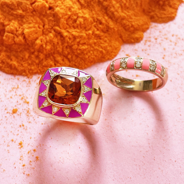 Orange Madeira Citrine ring with diamonds and purple enamel by fine jewelry house Van Den Abeele