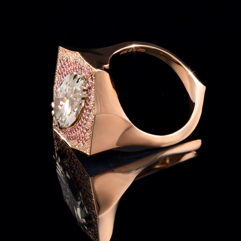 diamond ring, set with 144 surrounding pink and white diamonds by goldsmith and master jeweler Nigel O'Reilly