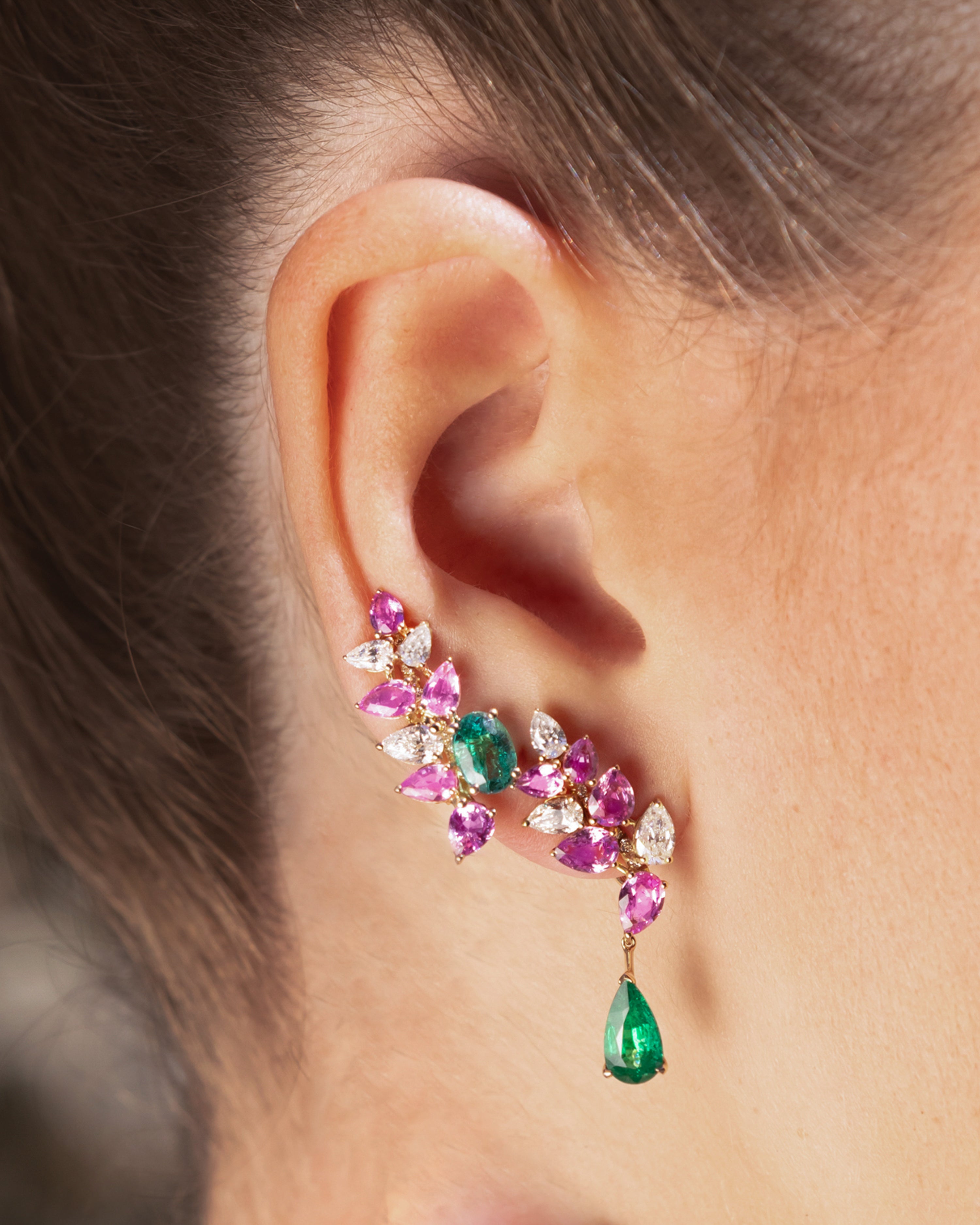High Jewelry Maison Gismondi 1754, Rose Gold Earrings with Emerald, Pink Sapphires, Diamonds