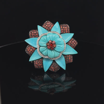 Sabbadini - 18k gold, sapphire, turquoise, diamond flower brooch - Heirloom - Collectible Art Jewel