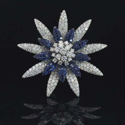 Italian jewelry house Sabbadini - 18k gold, sapphires, diamonds flower brooch - heirloom - art jewel