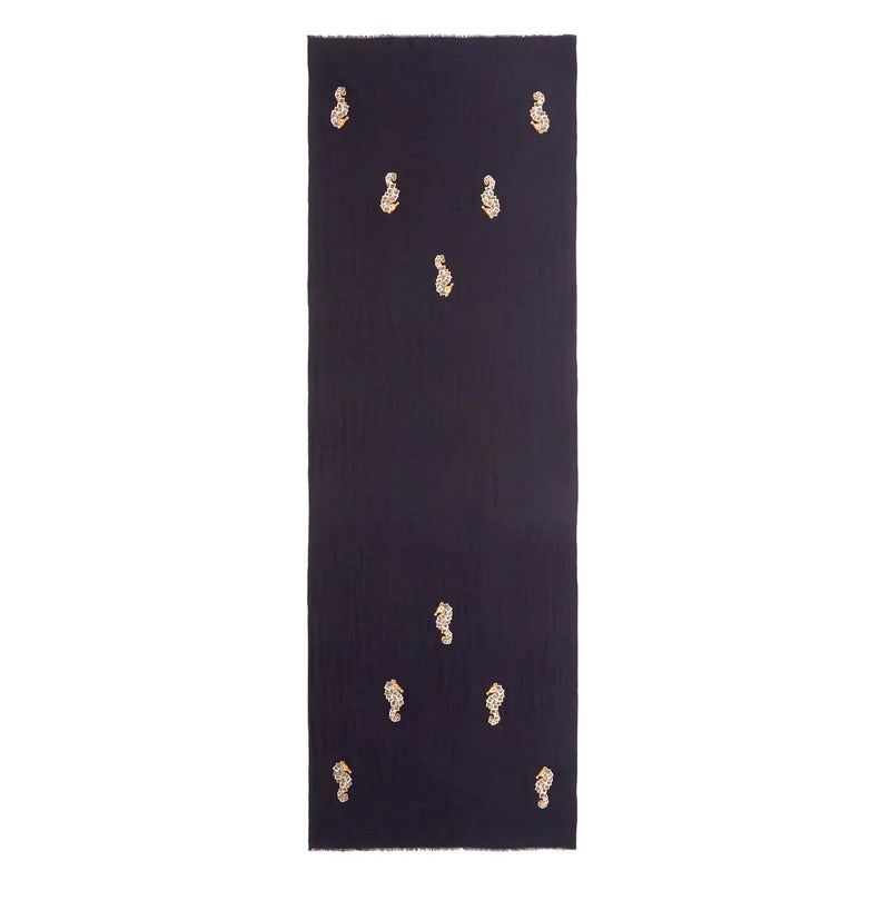 Hand-embroidered navy wool scarf with seahorse motif by JANAVI INDIA