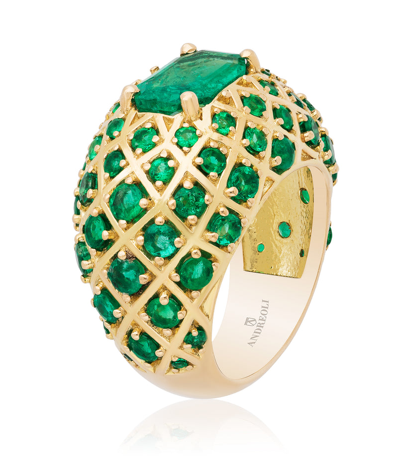 One-of-a-kind emerald yellow gold chequer ring by American purveyor of haute joaillerie Andreoli