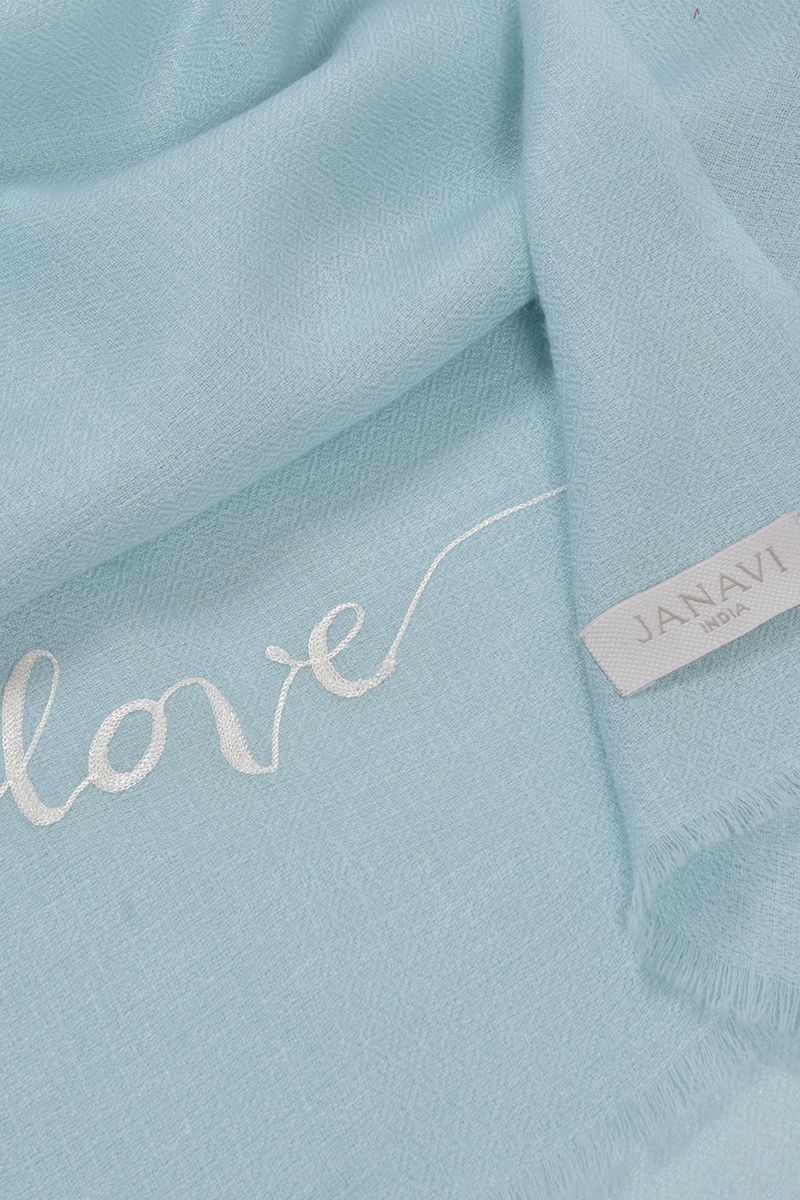 'LOVE' Merino Wool Scarf in light blue color by JANAVI