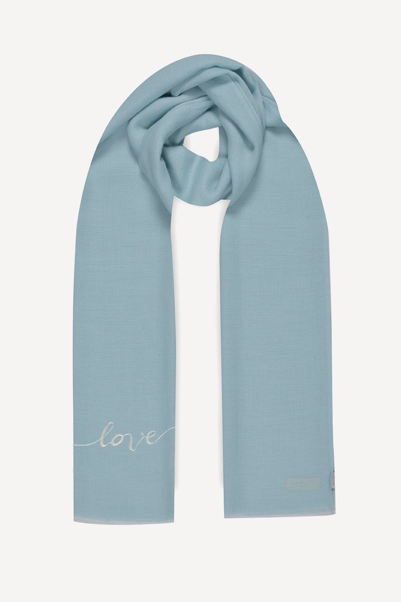 'LOVE' Merino Wool Scarf in light blue color by JANAVI