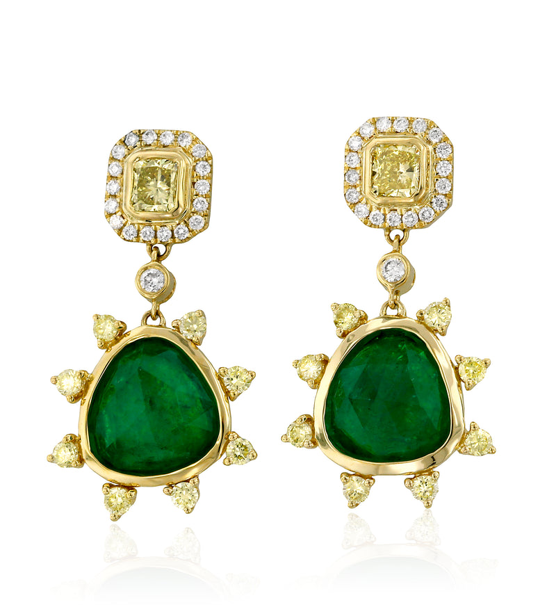 18 karat yellow gold emerald and diamond earrings by fine jewelry house Yael Designs