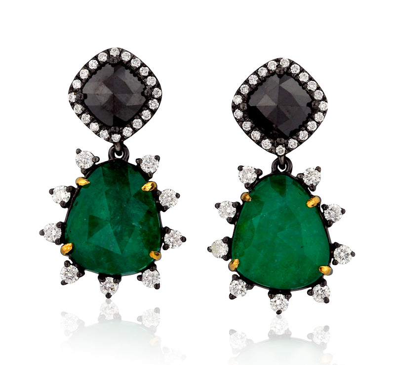 18 karat Black and Yellow Gold emerald and diamond earrings by fine jewelry house Yael Designs