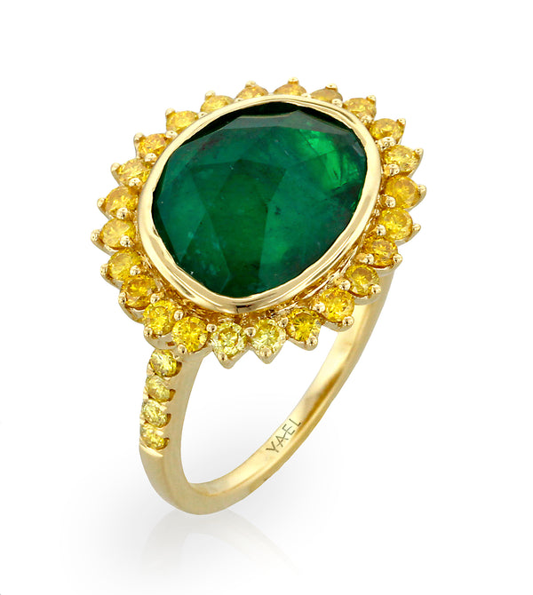 18 karat yellow gold emerald and diamond ring by fine jewelry house Yael Designs