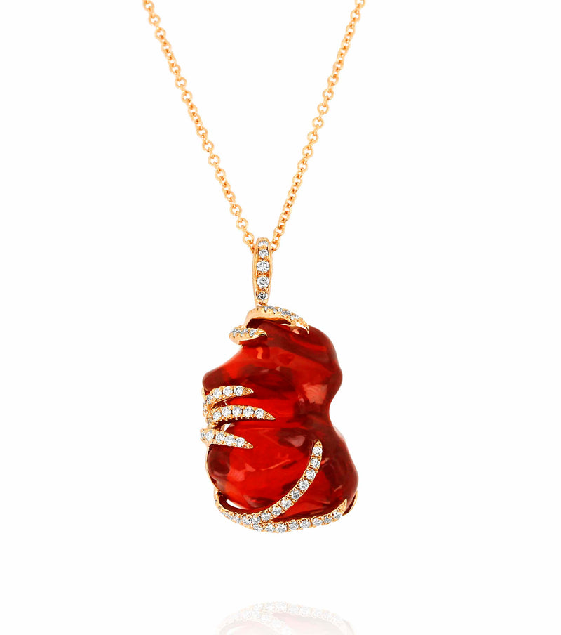 18 karat rose gold fire opal and diamond pendant by fine jewelry house Yael Designs