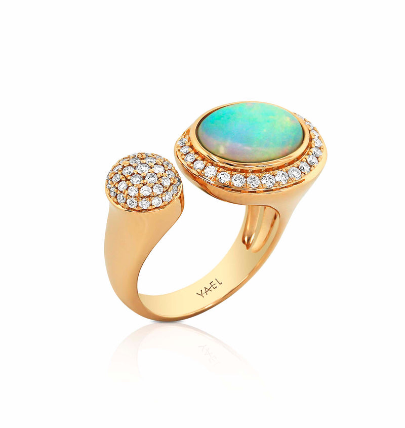18 karat rose gold white opal and diamond ring by fine jewelry house Yael Designs