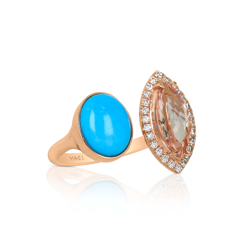 18 karat rose gold turquoise morganite and diamond ring by fine jewelry house Yael Designs