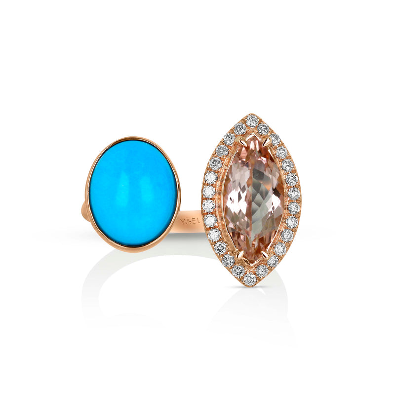 18 karat rose gold turquoise morganite and diamond ring by fine jewelry house Yael Designs