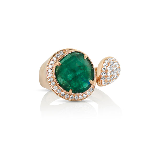 18 karat rose gold emerald and diamond ring by fine jewelry house Yael Designs