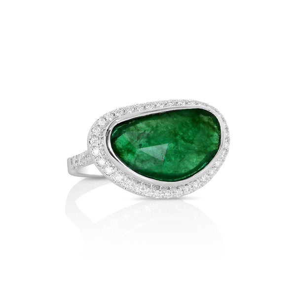 18 karat white gold emerald and diamond ring by fine jewelry house Yael Designs