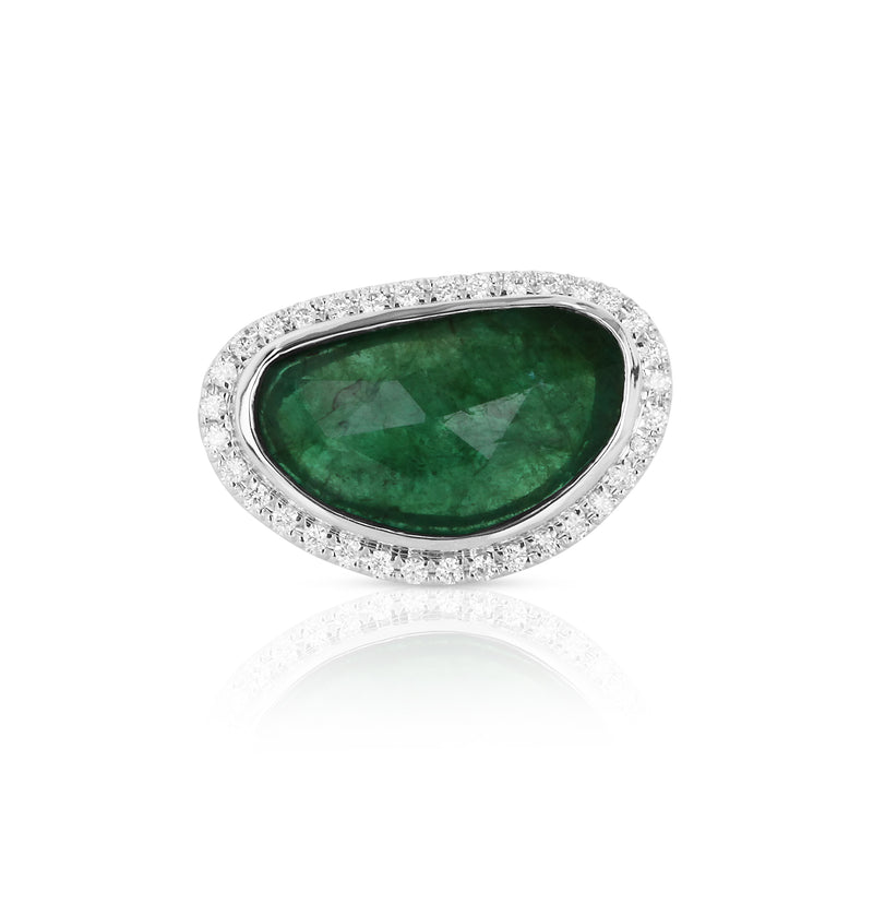 18 karat white gold emerald and diamond ring by fine jewelry house Yael Designs