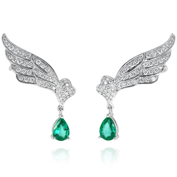 18 karat White Gold emerald and diamond earrings by fine jewelry house Yael Designs