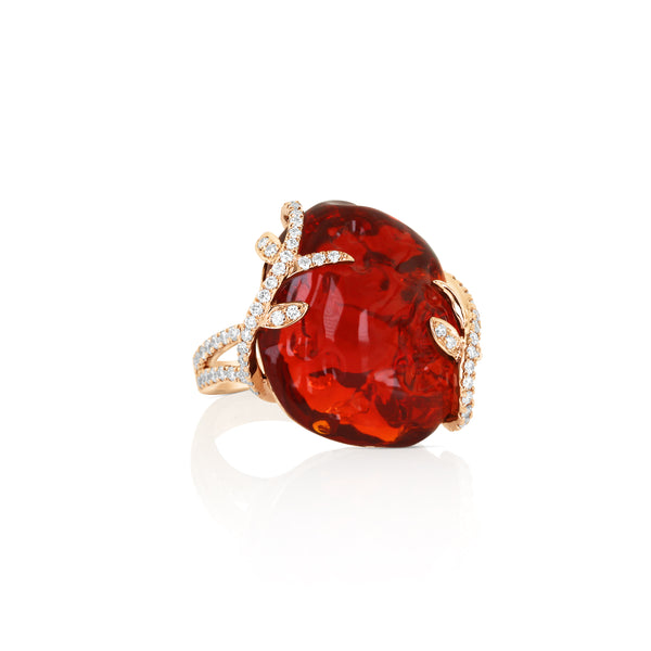 18 karat rose gold fire opal and diamond ring by fine jewelry house Yael Designs